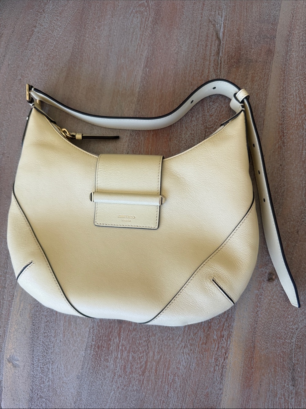 Jimmy Choo Cream Leather Shoulder Hobo Bag with Top Flap